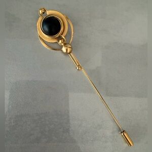 Handcrafted Goldtone and Black Stone Stick Pin, Artisan Modernist Design